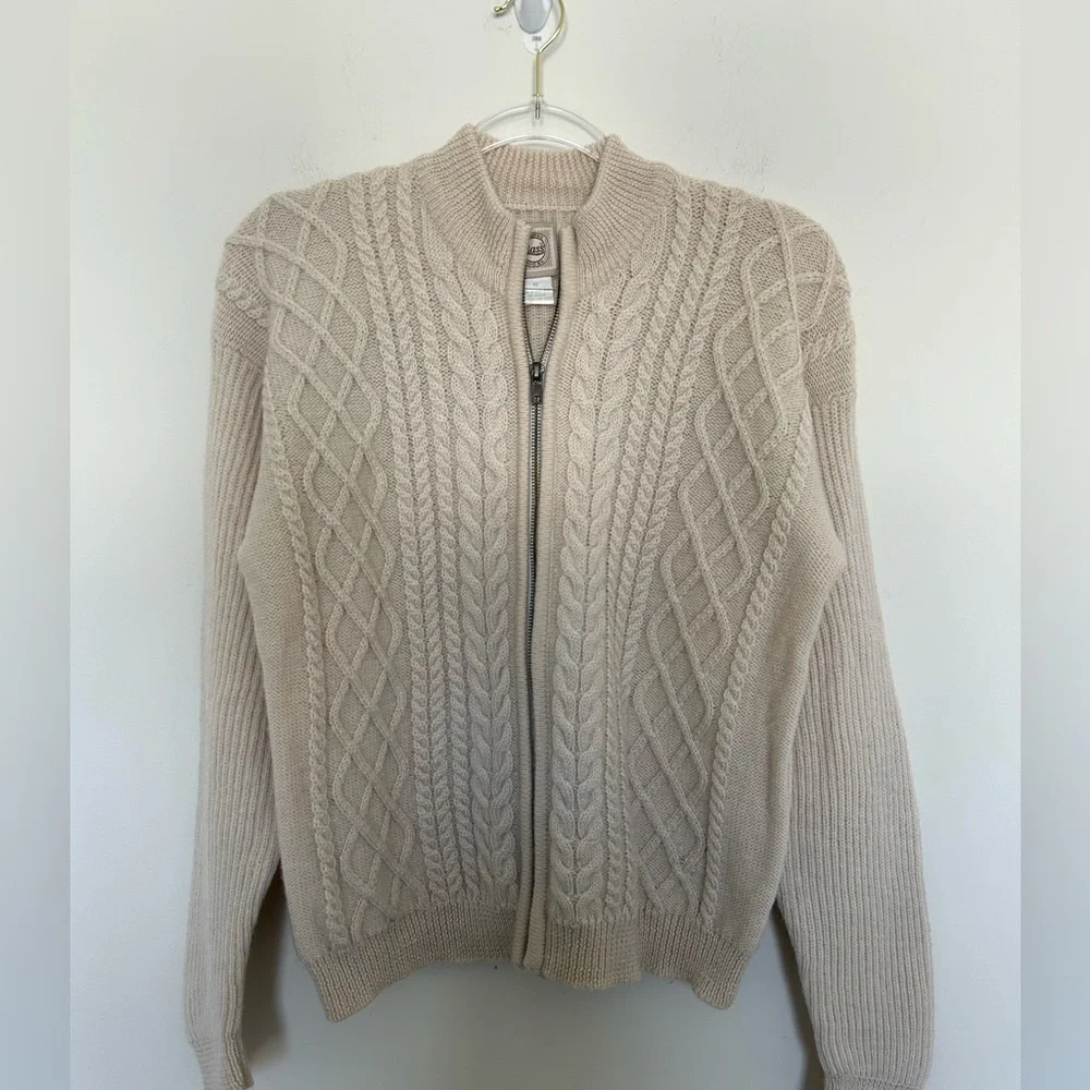 G.H.Bass 100% Wool Cream Fisherman Sweater Full Zip Size Medium - Picture 1 of 4